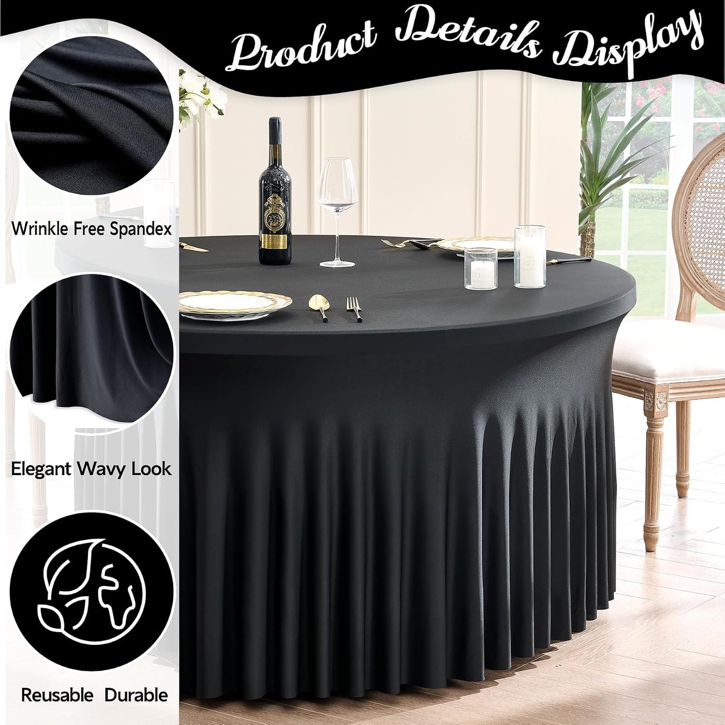 4 Manteles Elastano Negro para Mesa 60pulg Elástico con