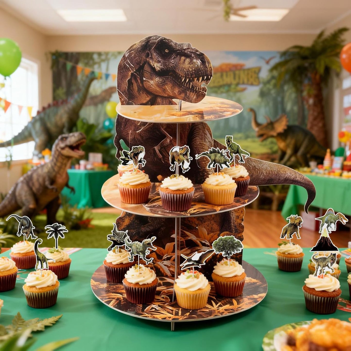 Soporte para cupcakes de dinosaurio 3 niveles con 15 adornos