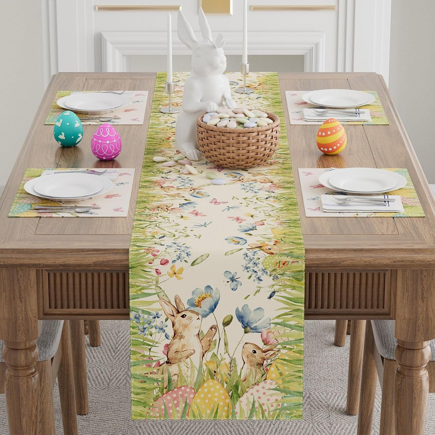 Decoración Pascua huevos conejos flores 13x72pulg