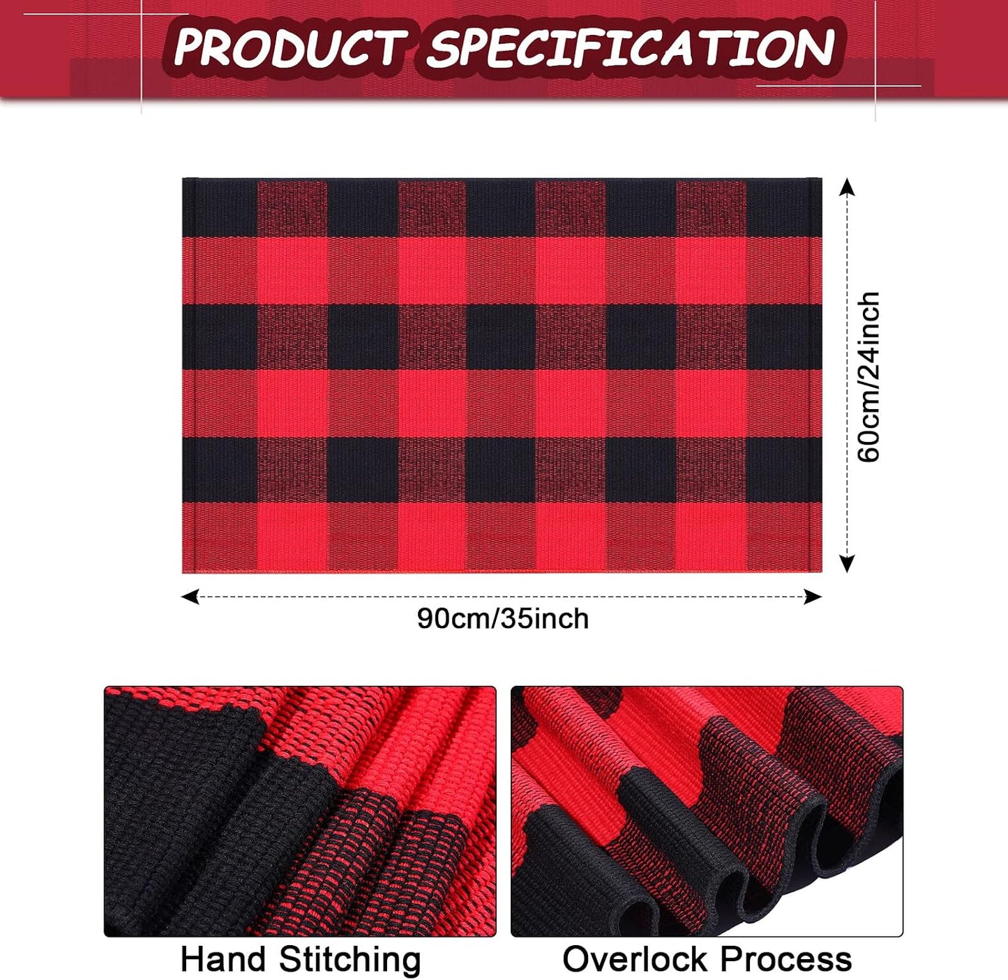 Tapete cuadros búfalo 2x3ft color negro rojo puerta