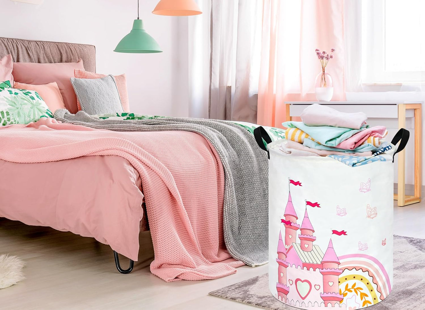 Cesto de lavandería plegable en forma de castillo rosa para niños