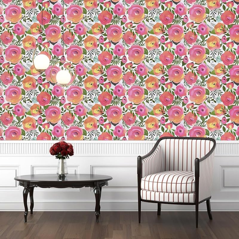 Papel tapiz floral rosa acuarela 17.7x590" dormitorio