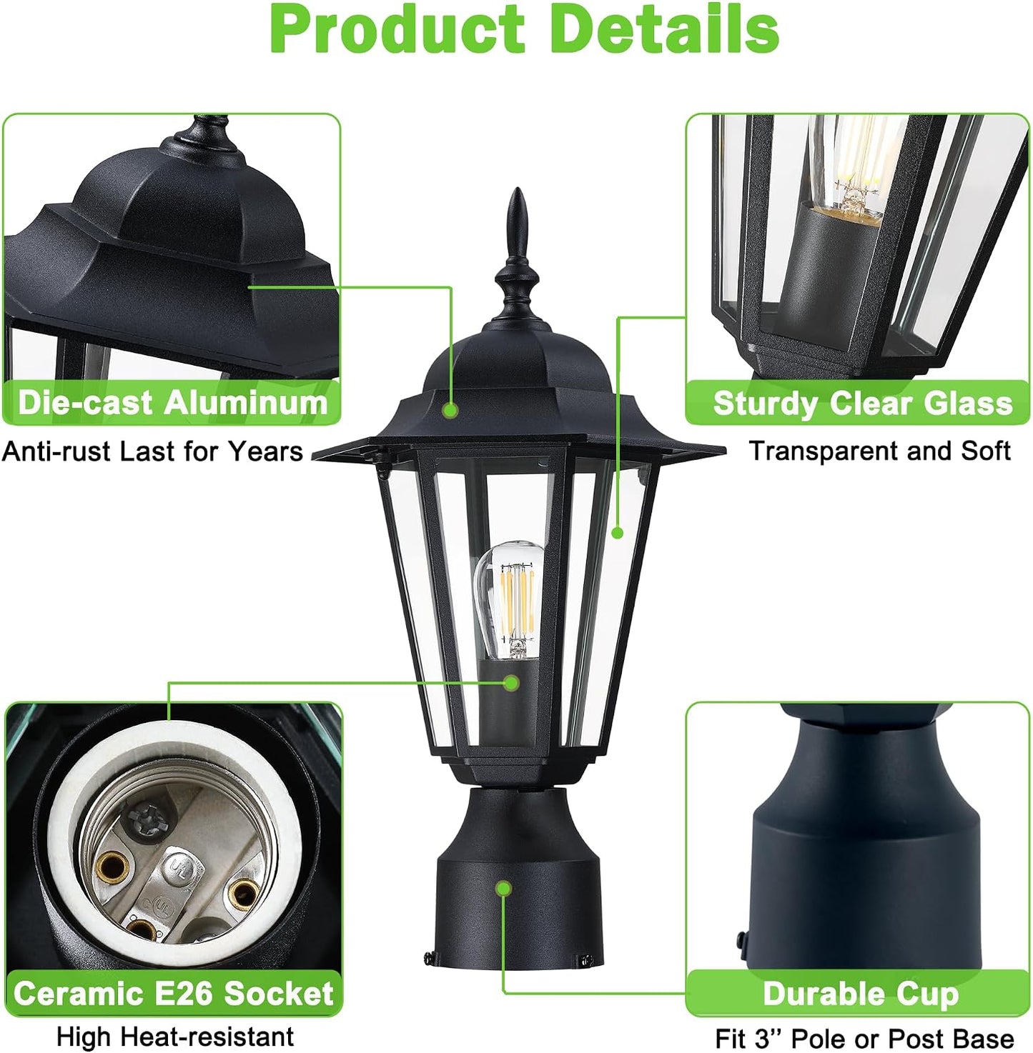 Luz poste exterior aluminio vidrio impermeable negro mate
