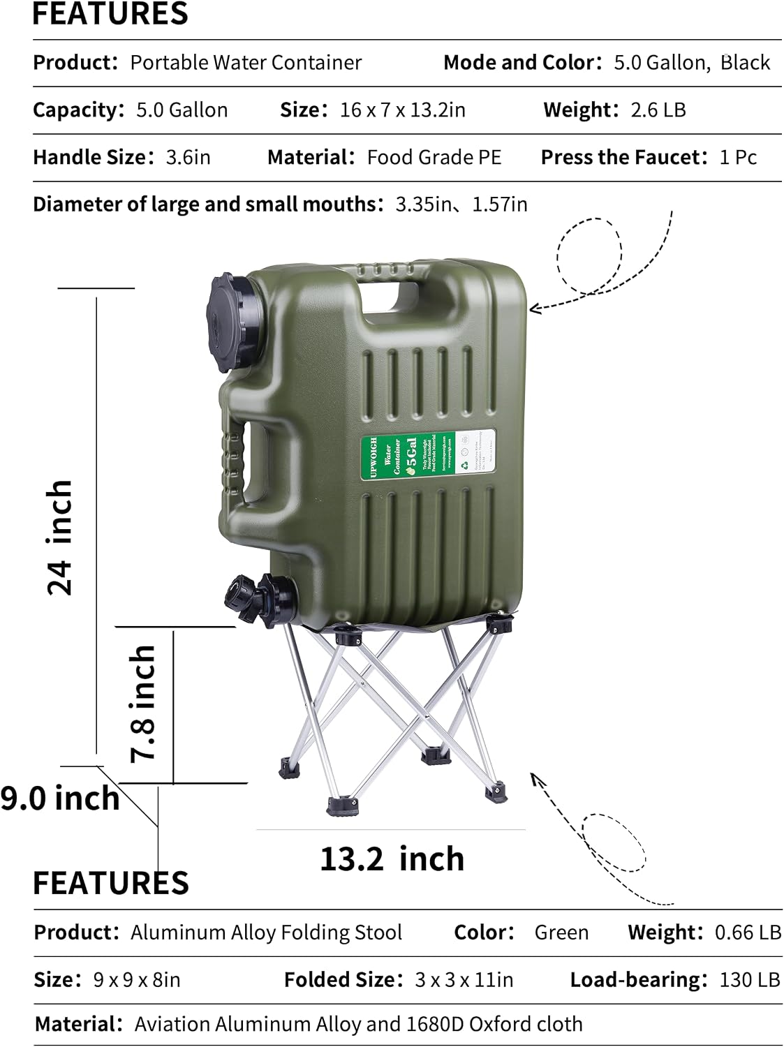 Jarra agua 5gal grifo plegable sin BPA verde
