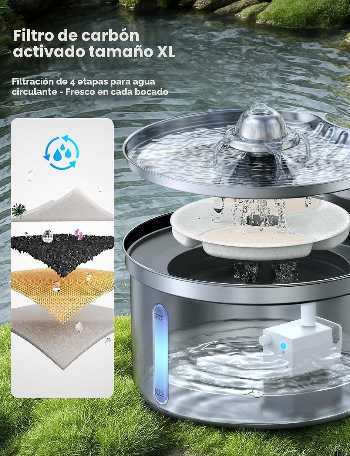 Fuente agua gatos acero inox 3.5l filtro XL batería 4000mah