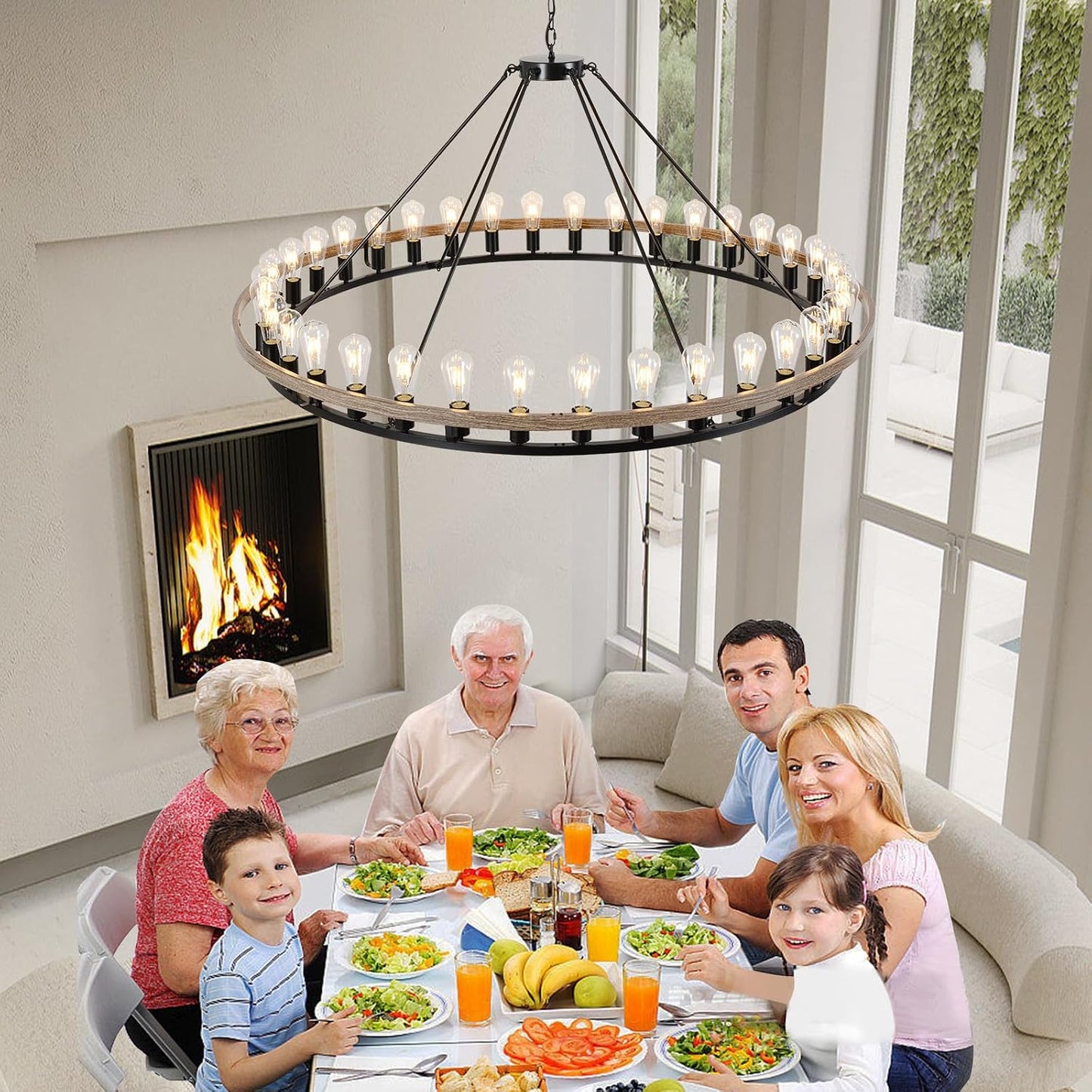 Candelabro rueda carroza 60pulg 36 luces madera roble