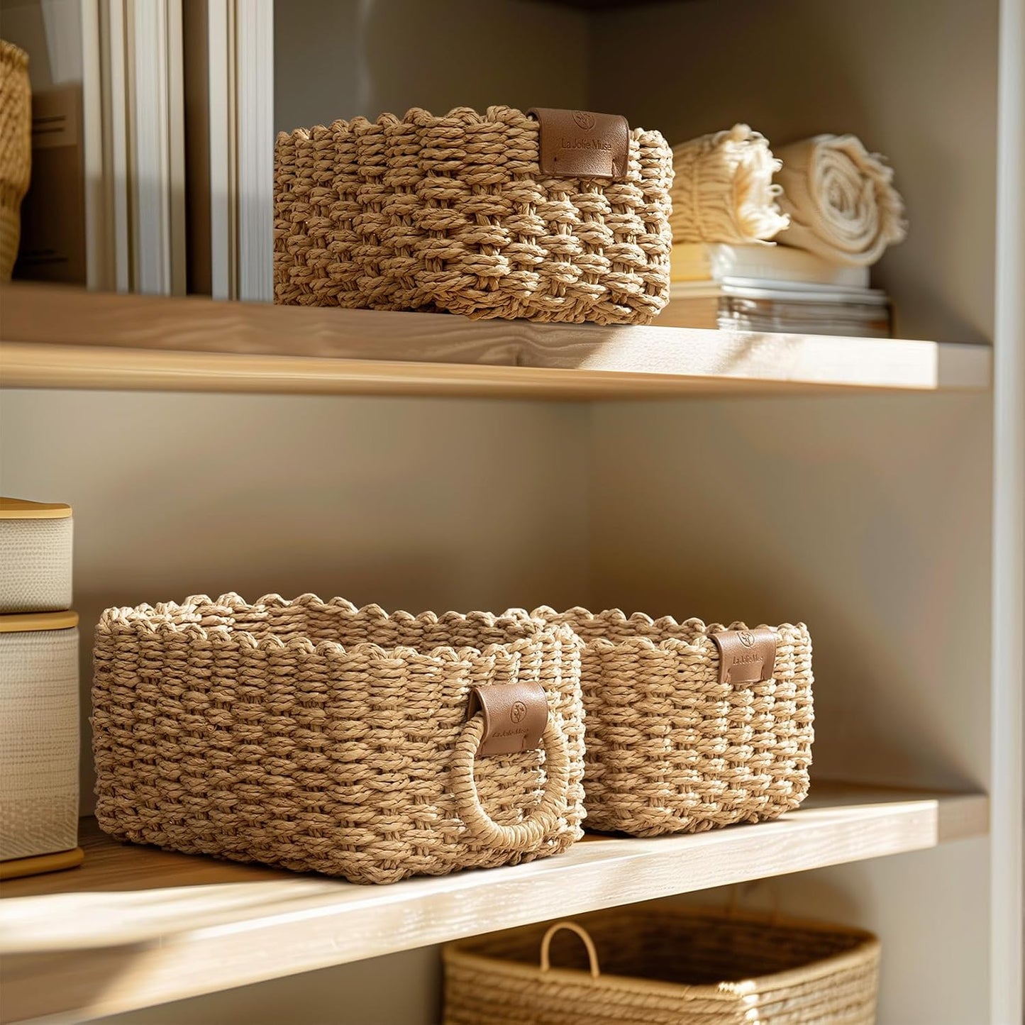3 Cestas Mimbre Pequeñas con Asa para Almacenar y Decorar