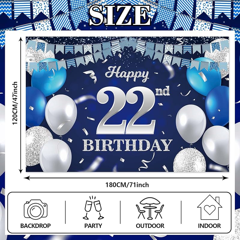 Cartel cumpleaños 22 globos azul marino confeti plateado purpurina
