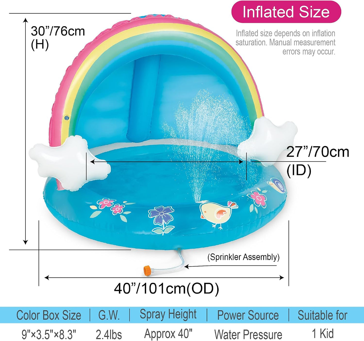 Piscina bebé chorro toldo arco iris 40pulg 1-3 años