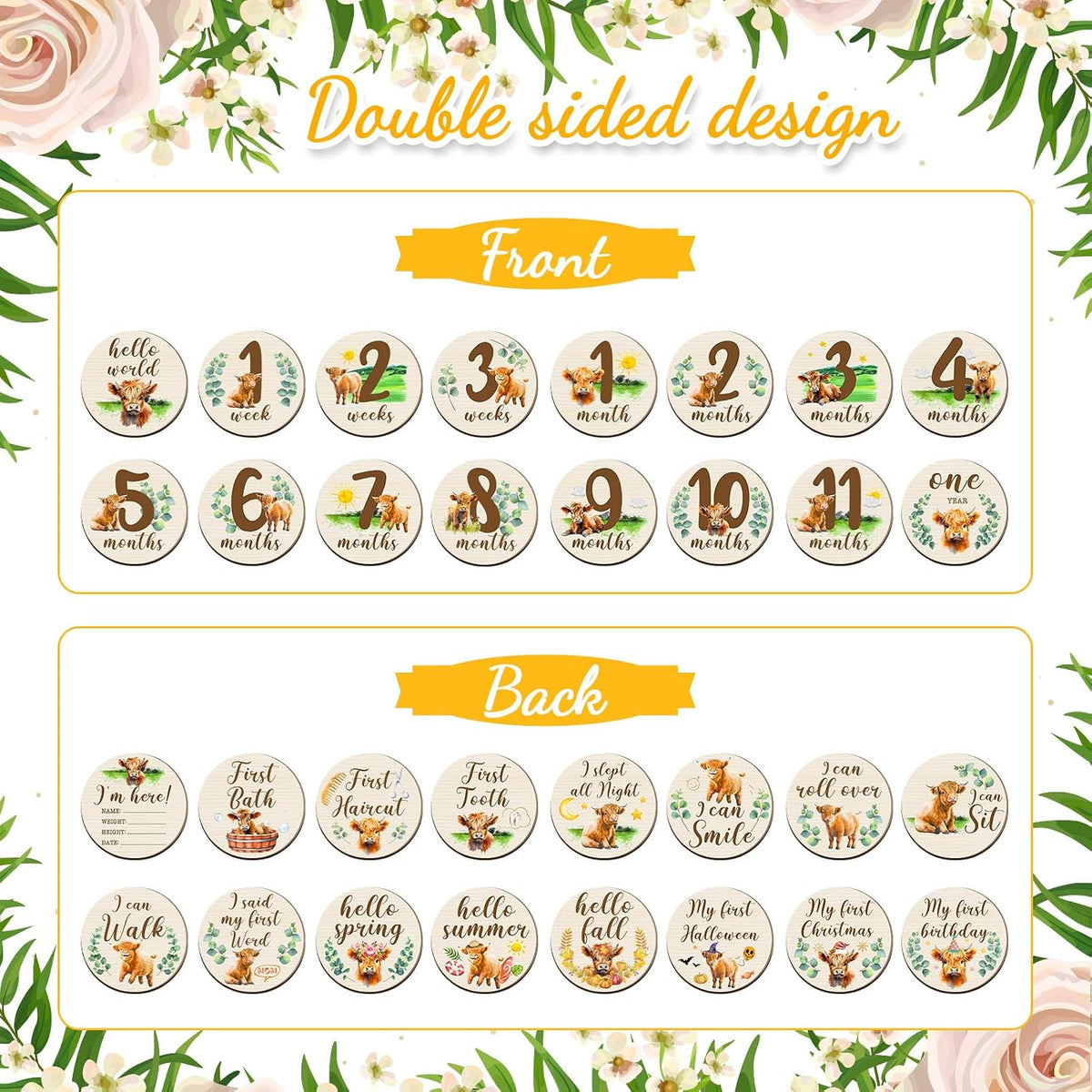 16 Tarjetas Madera Meses Bebé Doble Cara Baby Shower