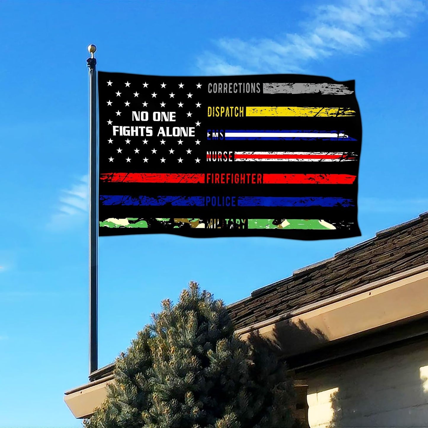 Bandera EE.UU. texto inglés 3x5 para socorristas bomberos
