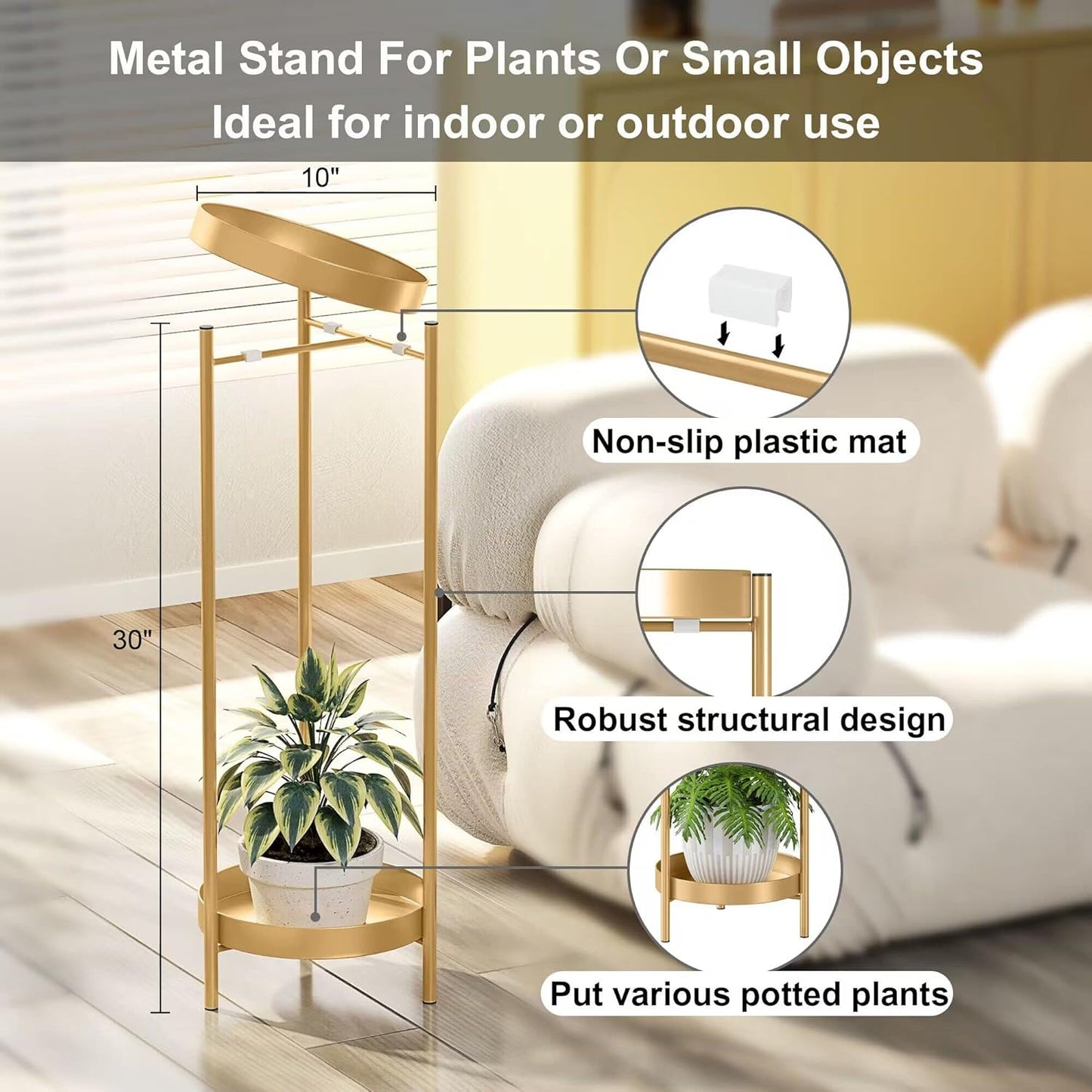 Soporte metal 2 niveles para plantas pantallas extraíbles dorado
