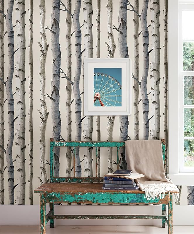 Papel pintado árbol abedul color gris
