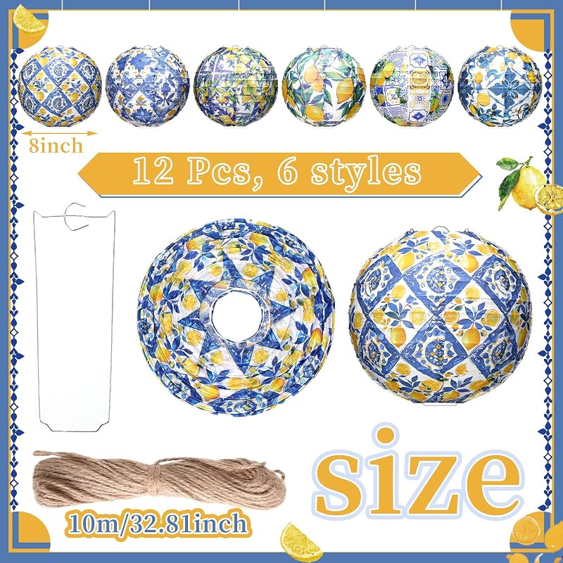 12 Pzas Faroles Limón Capri 8pulg Azul Amarillo Colgantes Fiesta