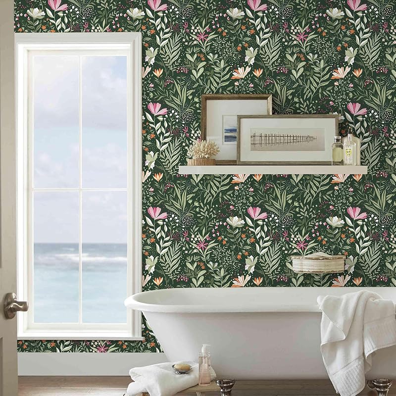 Papel tapiz floral autoadhesivo extraíble verde oscuro vintage