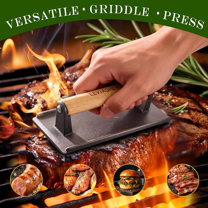 Prensa hamburguesa hierro fundido 7.8x3.9pulg mango madera chef