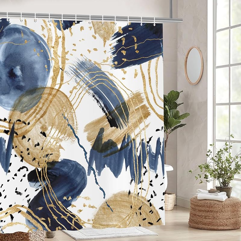 Cortina ducha bohemia azul marino dorado 72x84pulg