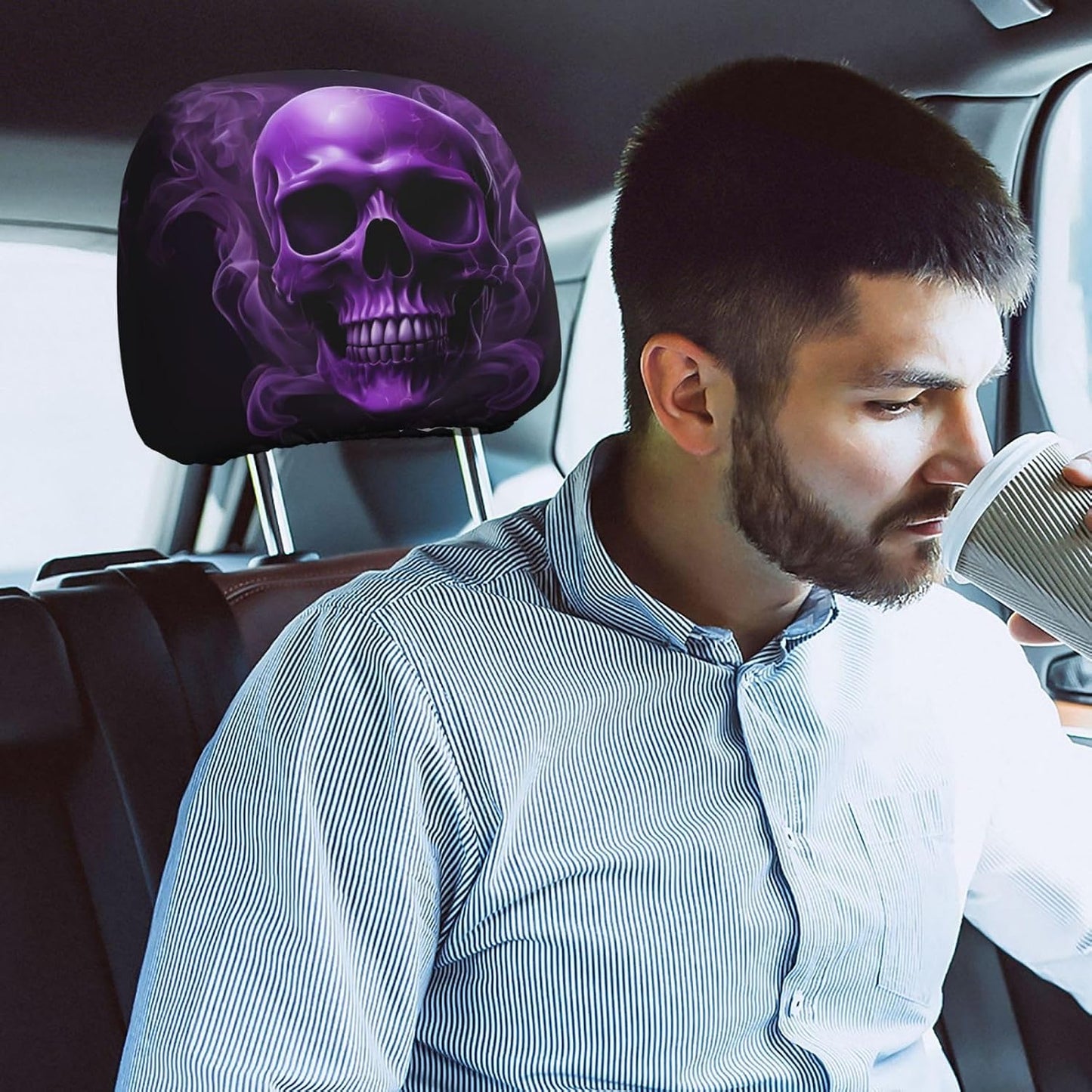 2 Fundas Reposacabezas Auto Calavera Morada Universal Suave