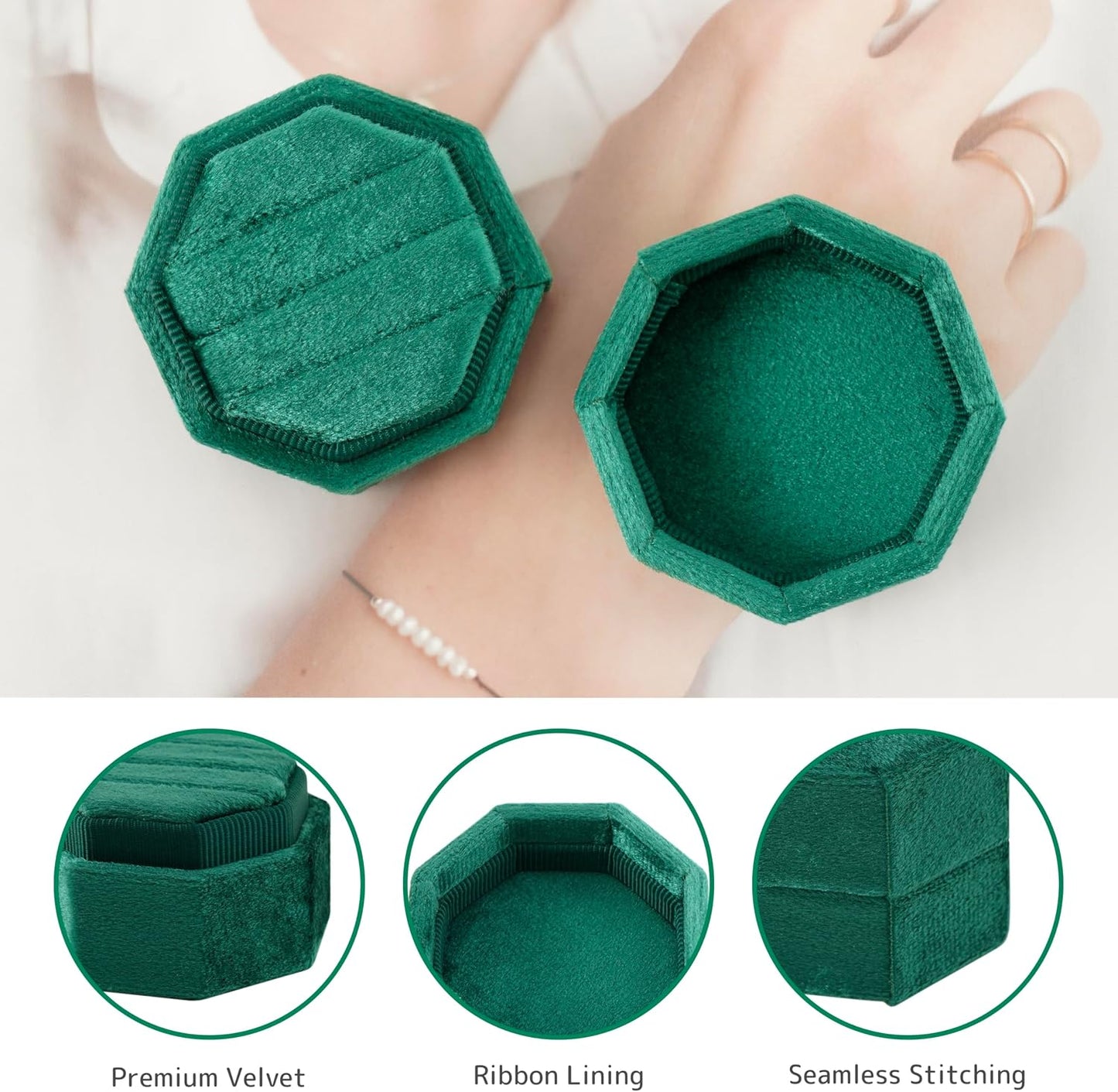 Caja terciopelo organiz. anillos compromiso esmeralda