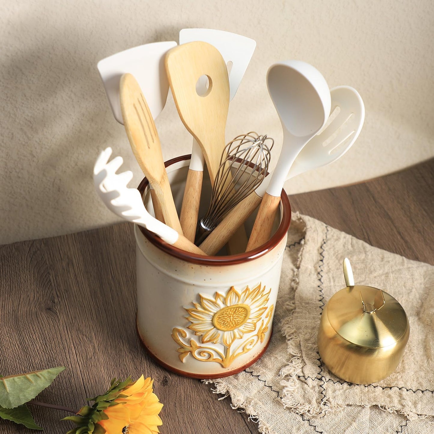 Soporte utensilios cocina cerámica diseño girasol retro