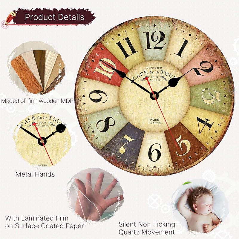 Reloj pared silencioso 8pulg números arábigos madera decorativo