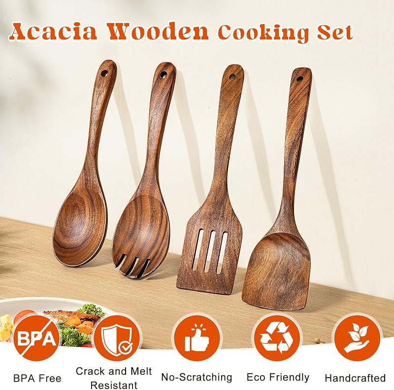 4 Cucharas Madera Acacia para Sartenes Antiadherentes