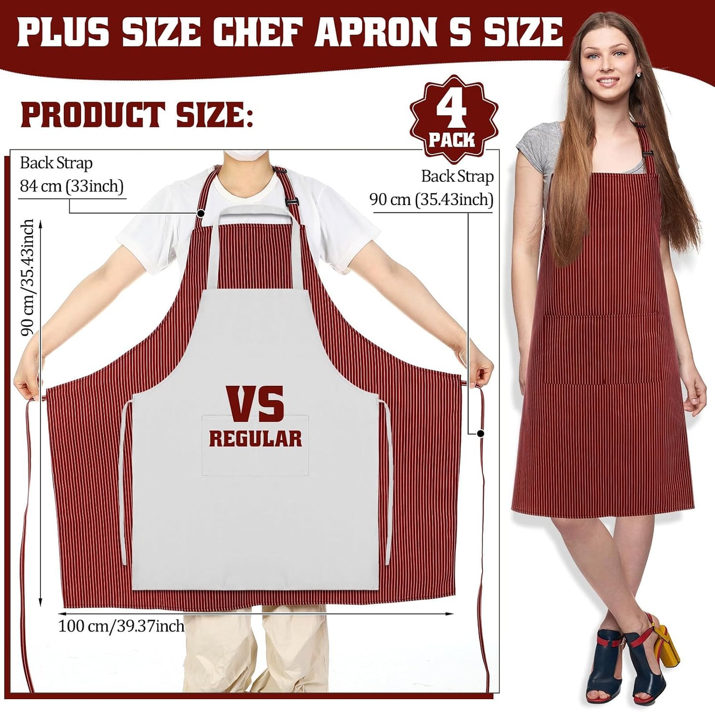 2 Delantales Chef A Rayas Talla Grande Mujer Algodón 2 Bolsillos