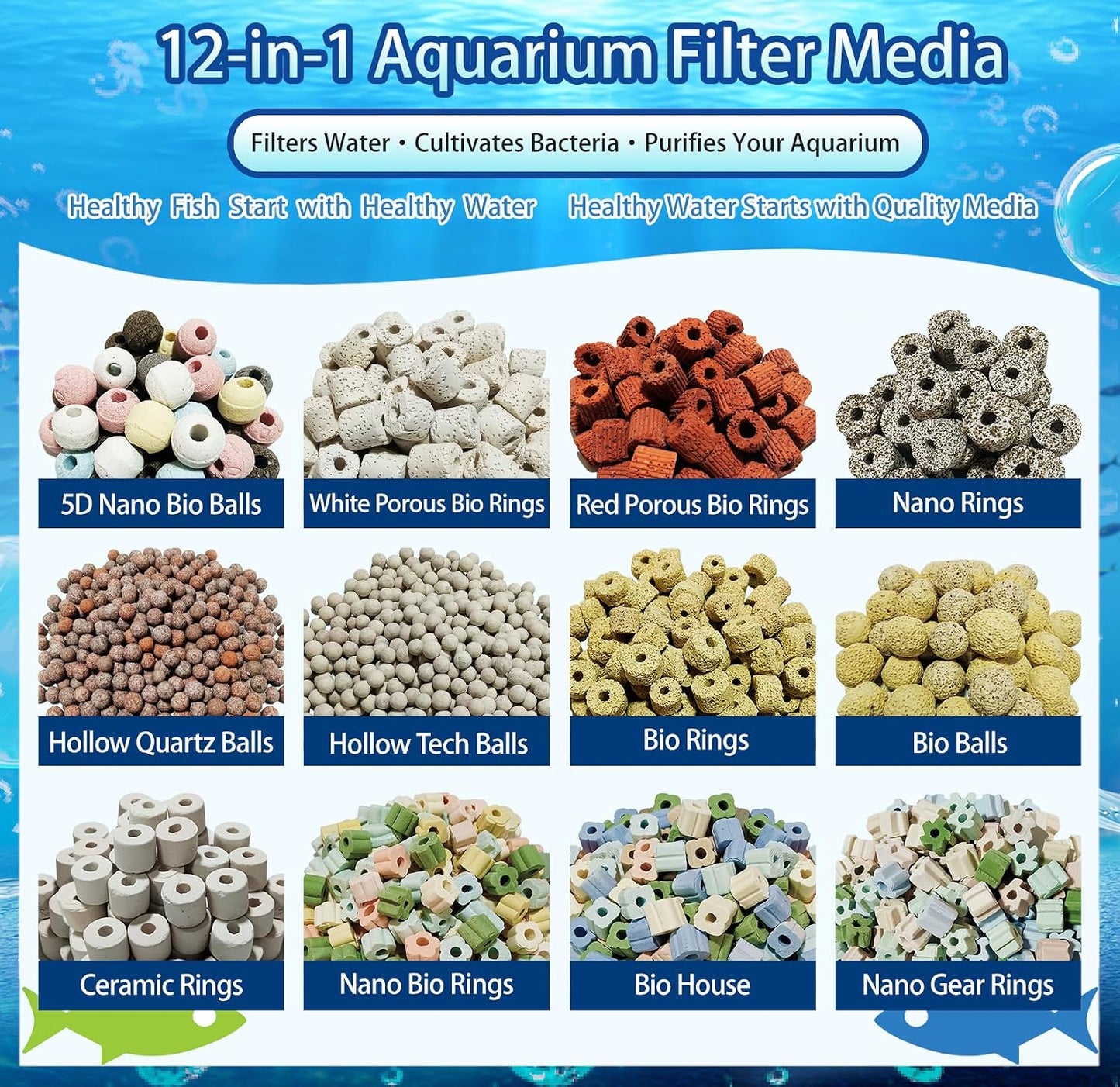 Kit filtro acuario 12en1 con bolas biológicas y anillos cerámica