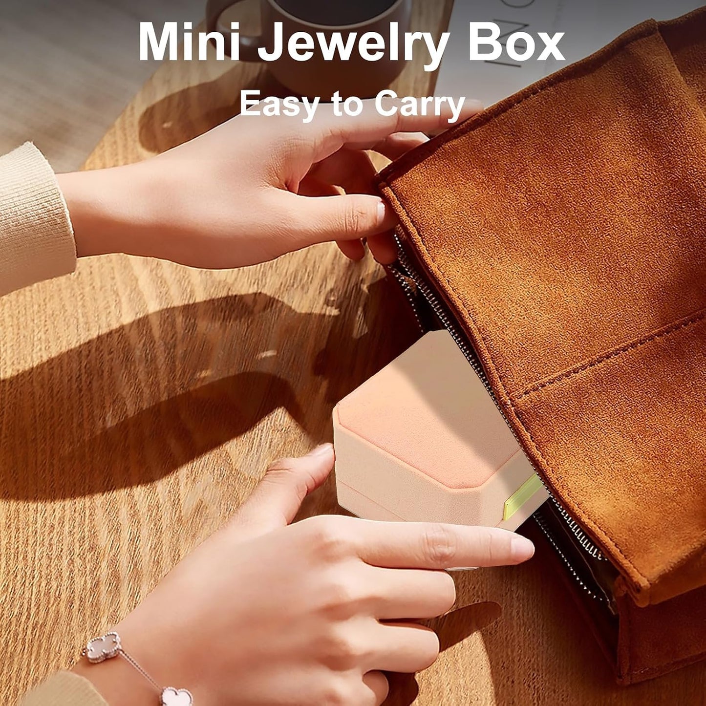 Caja anillos boda organiz. joyas portátil rosa claro