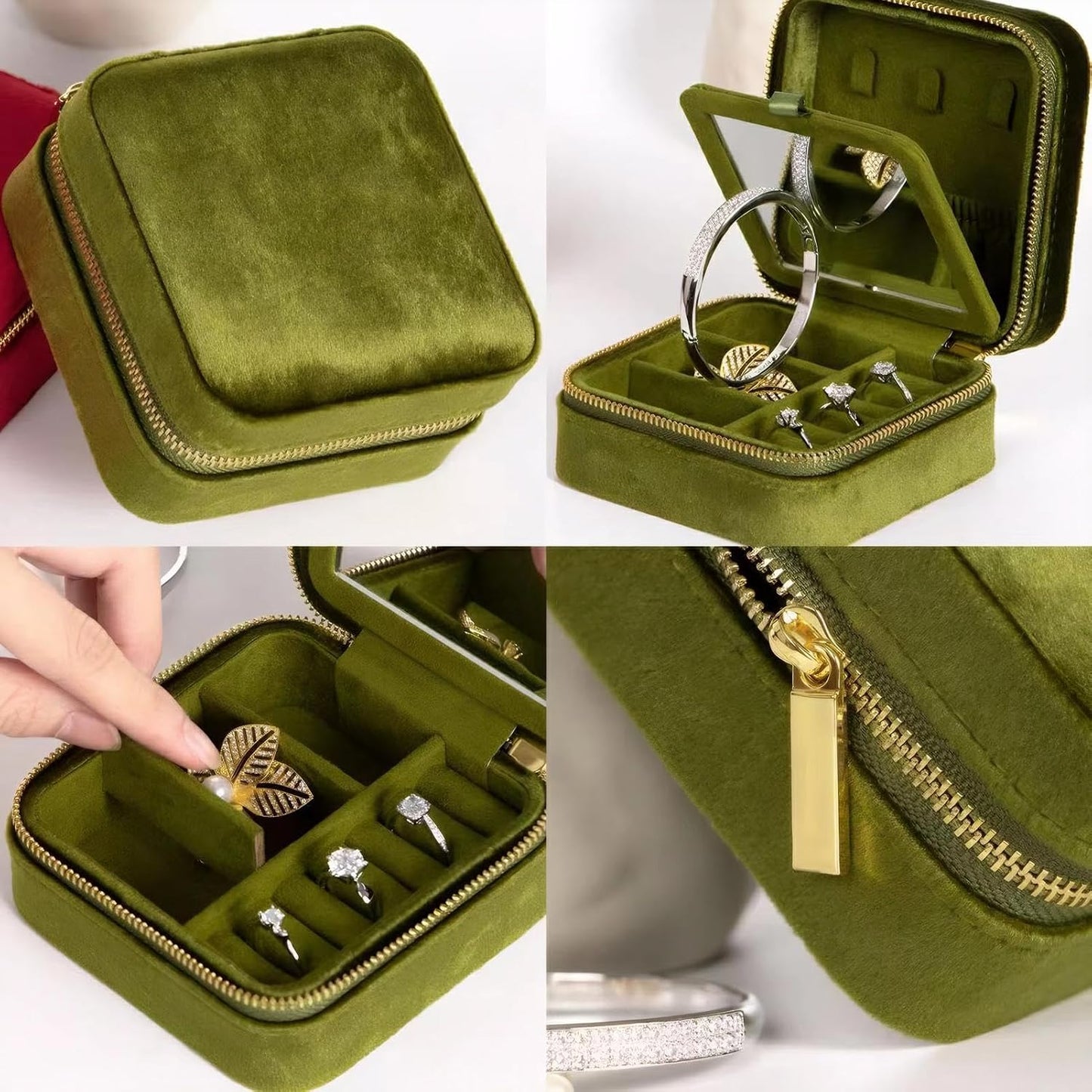 Estuche joyas viaje terciopelo con espejo verde