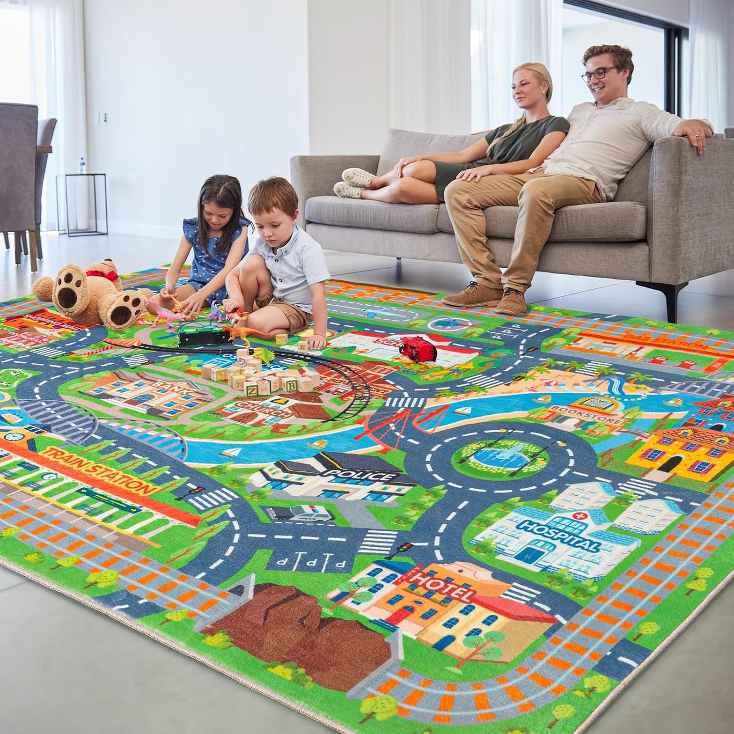 Alfombra coches tráfico infantil 7x9ft antiderrap