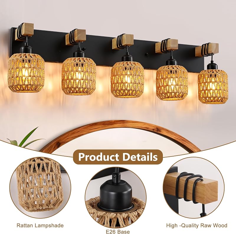 Lámpara de tocador 5 luces estilo rústico madera mimbre