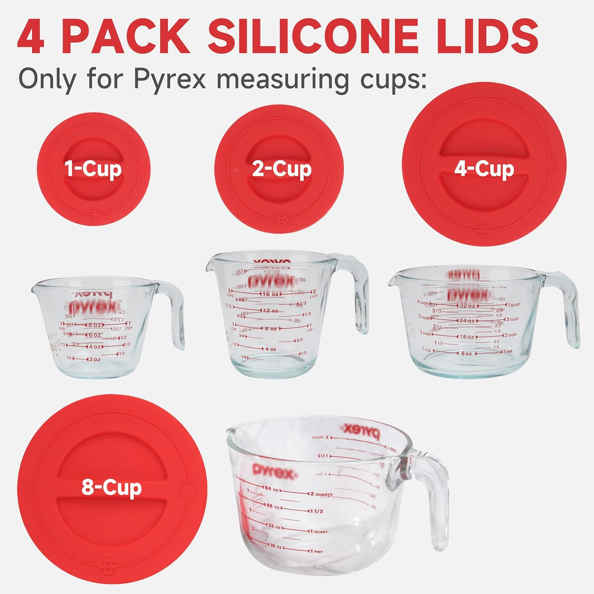 4 Pack Tapas Silicona para Tazas Pyrex 1-8 Tazas Reutilizables