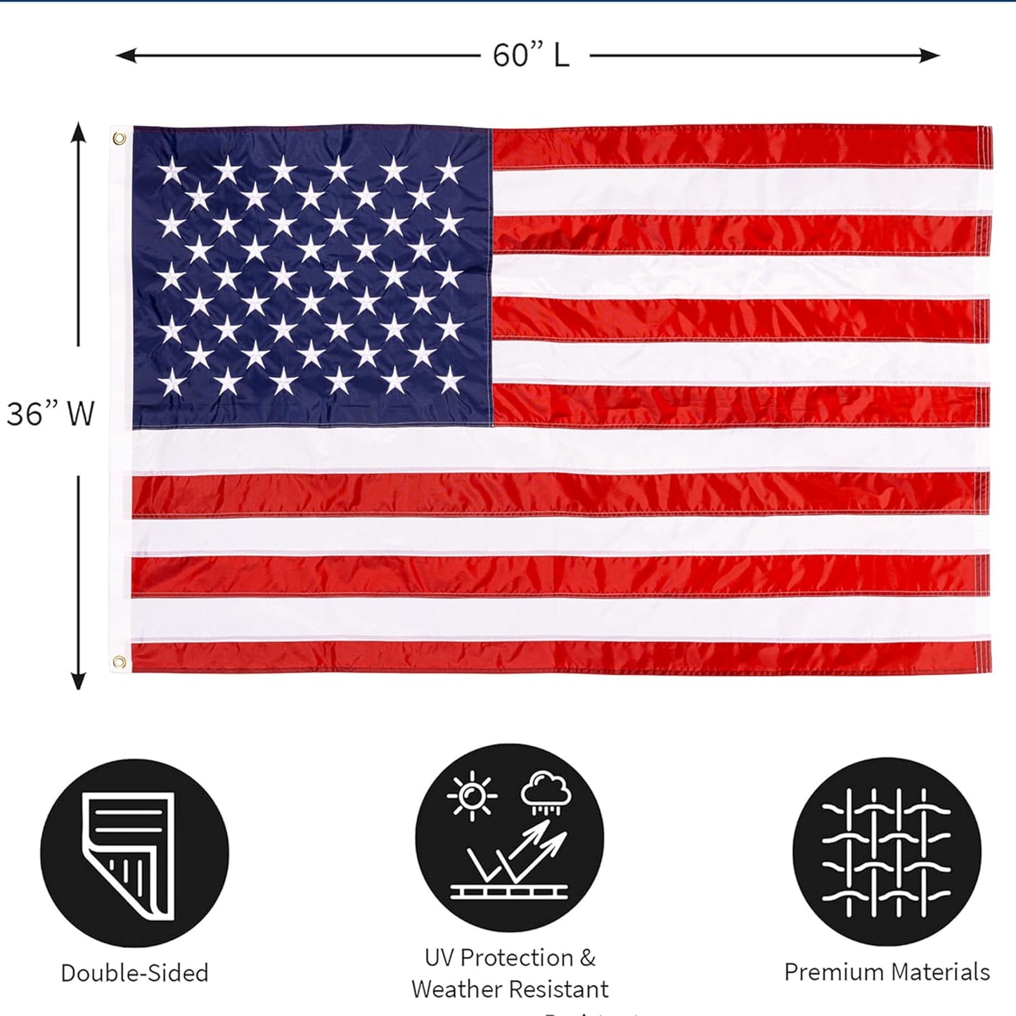 Bandera EE.UU. 3x5ft con 2 ojales estrellas y rayas bordadas