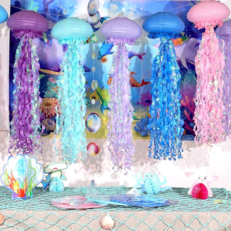 6 Linternas Colgantes Medusas Multicolor Decoración Océano