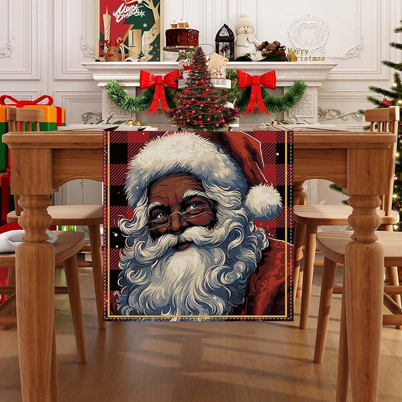 Mesa navidad lino rojo y negro cuadros 72pulg decoración