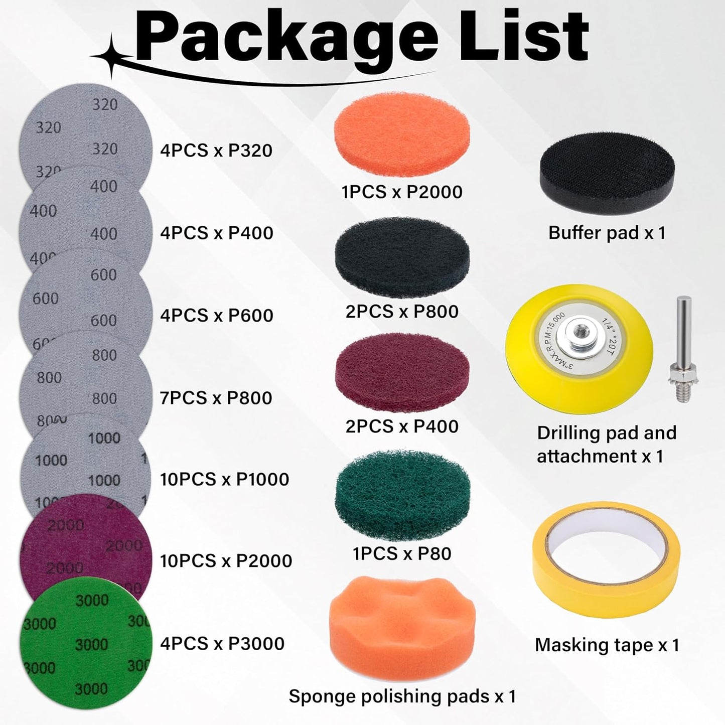 Kit faros coche 53 pzas disco lijado 3pulg vástago 1/4pulg