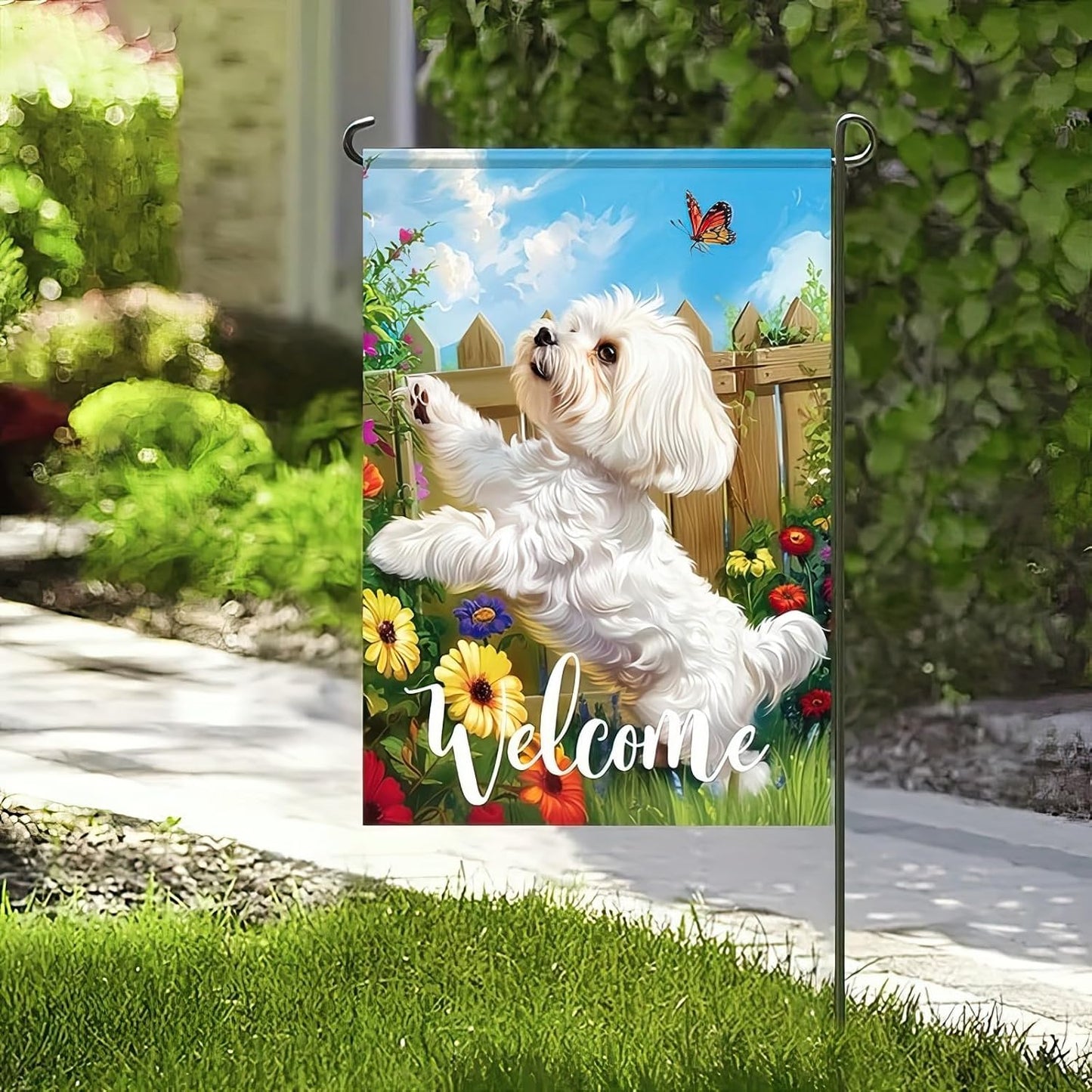 Bandera jardín perro maltés flores 12x18 doble cara