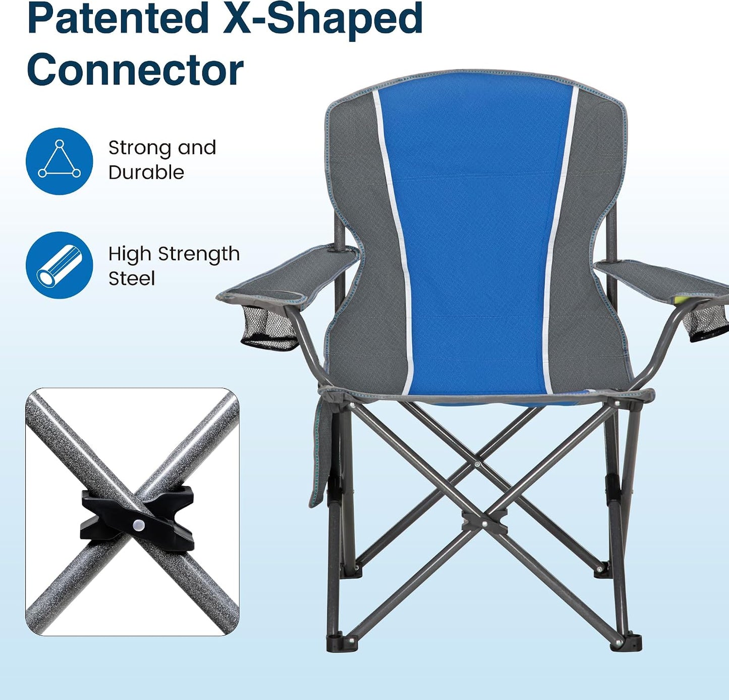 Silla camping plegable resistente reposabrazos 350lb azul