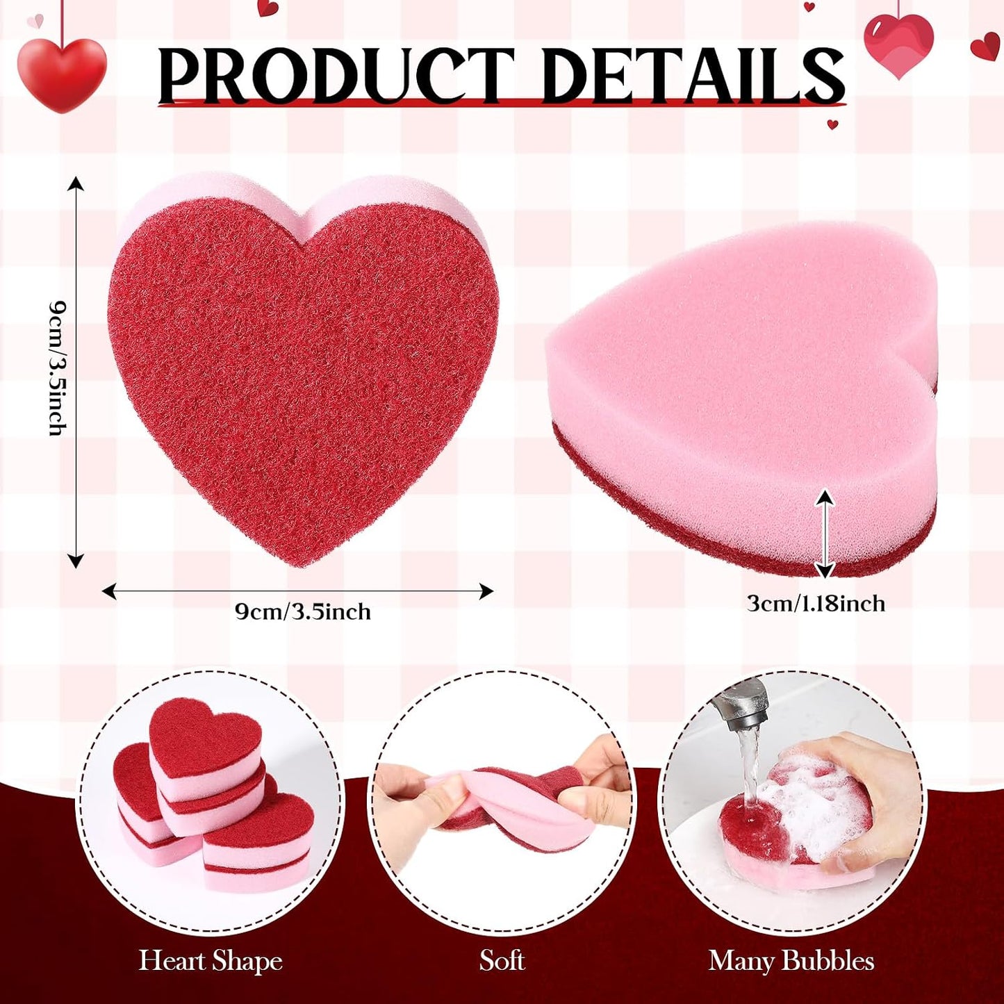 6 Esponjas Corazón Doble Cara para Cocina y Baño Rojo