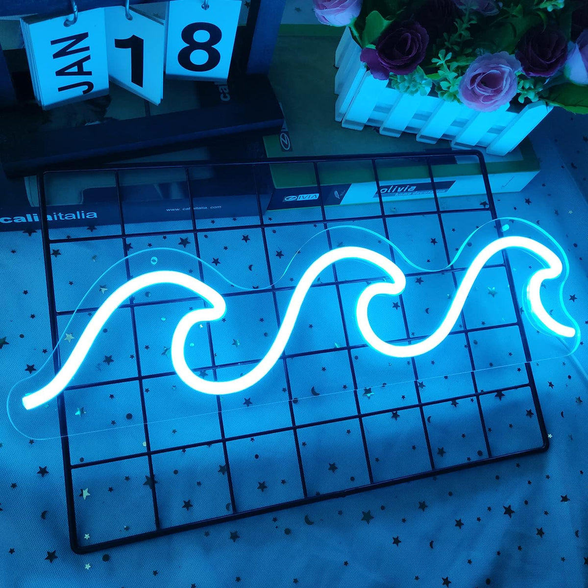 Letrero neón ondulado azul hielo decoración pared