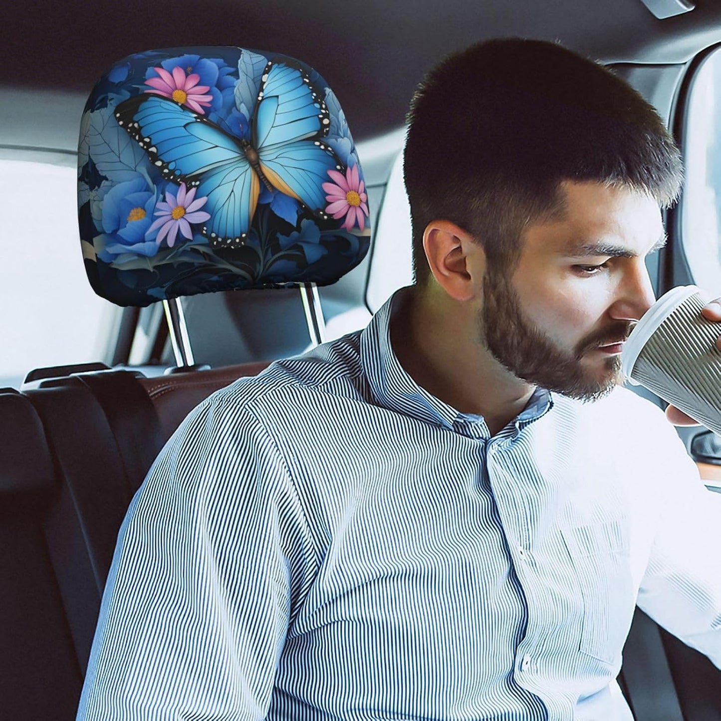 2 Fundas Reposacabezas Automóvil Diseño Mariposa Tela Universal