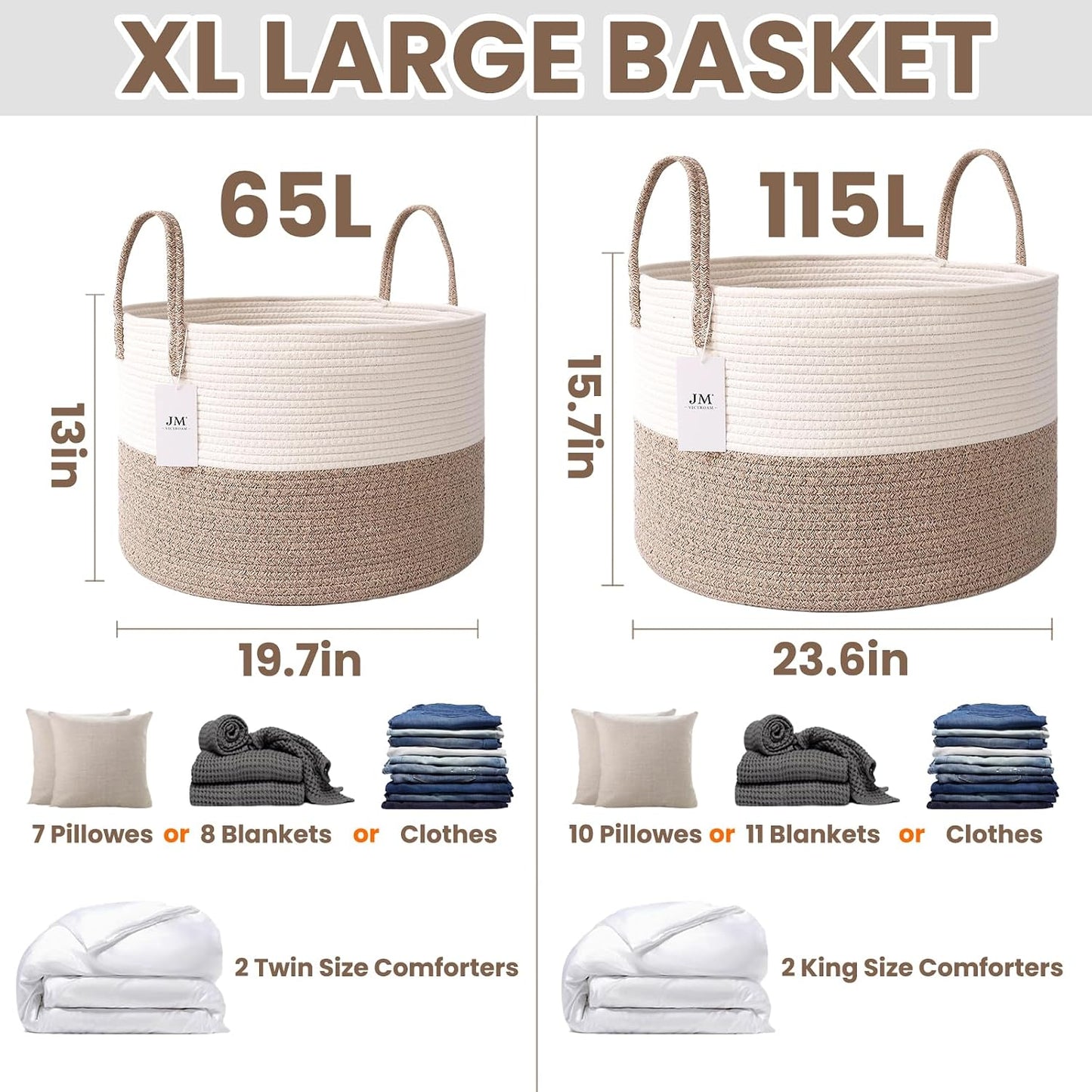 Cesta tejida para mantas y ropa 65L con asas organiz. sala