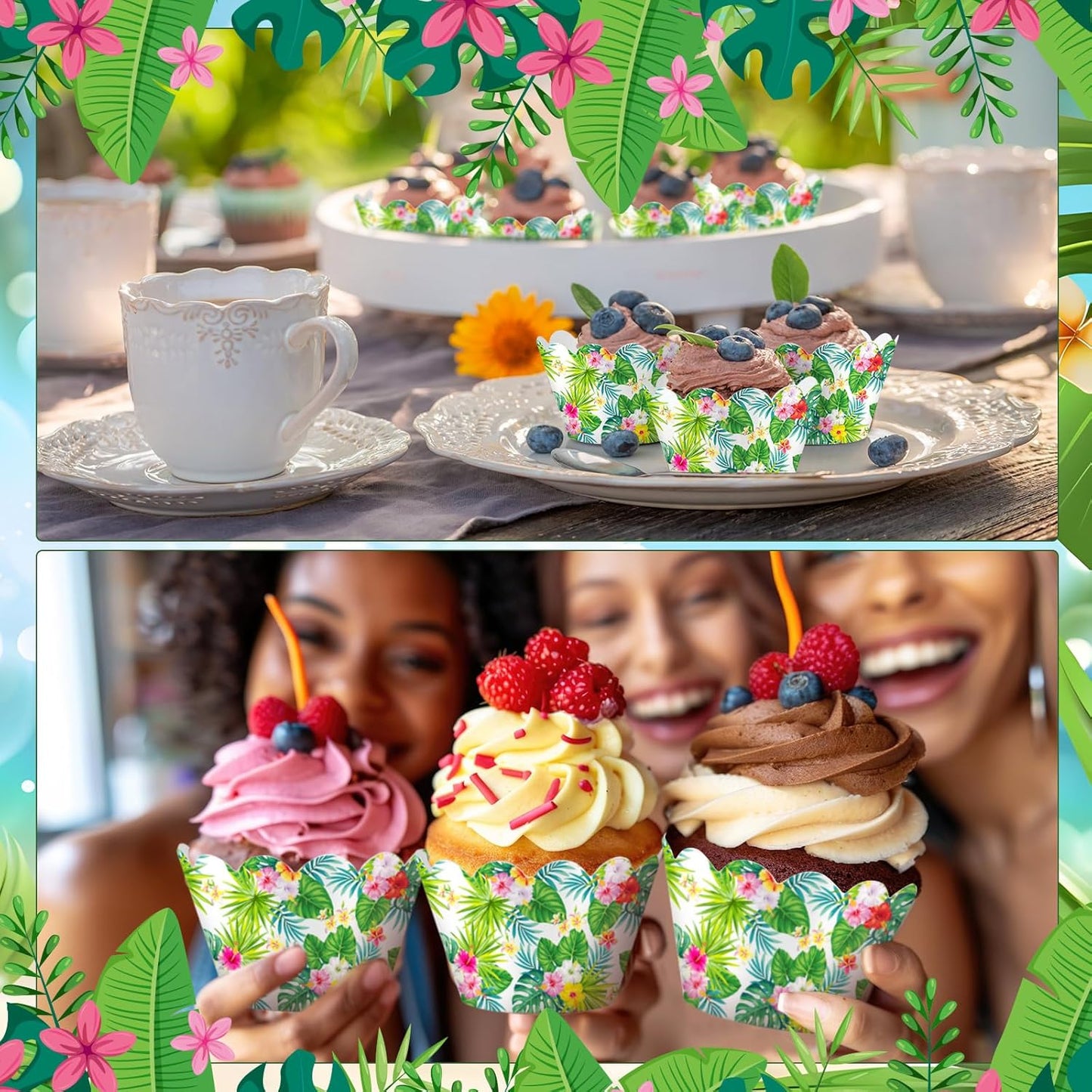 100 Pzas Envolturas Pastel Luau Tropical Verdes para Fiesta