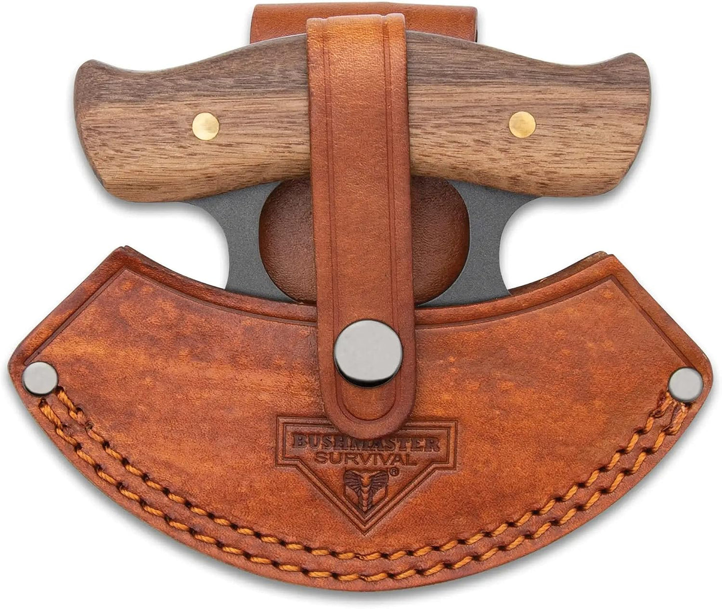 Cuchillo Bushmaster Ulu acero 1095 madera dura funda cuero