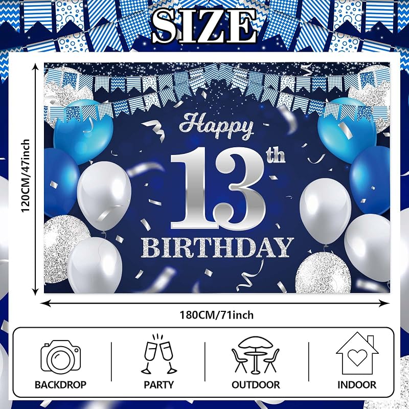 Cartel cumpleaños 13 años azul marino globos confeti