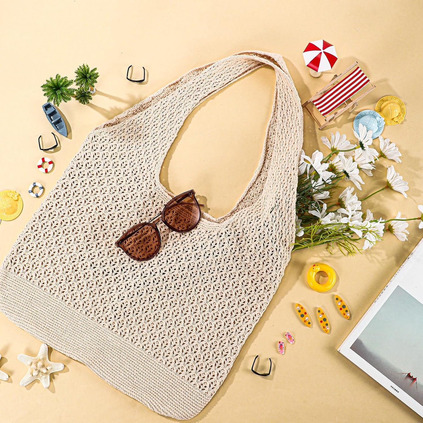 Bolsa playa de malla ganchillo paja mujer