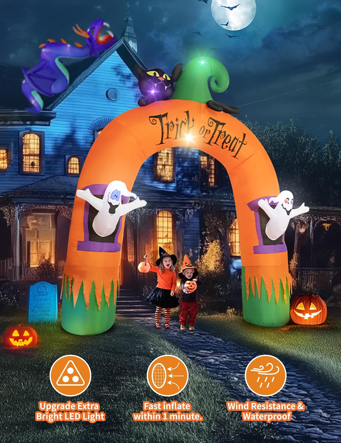 Arco inflable Halloween con luces LED 3m fantasma gato negro