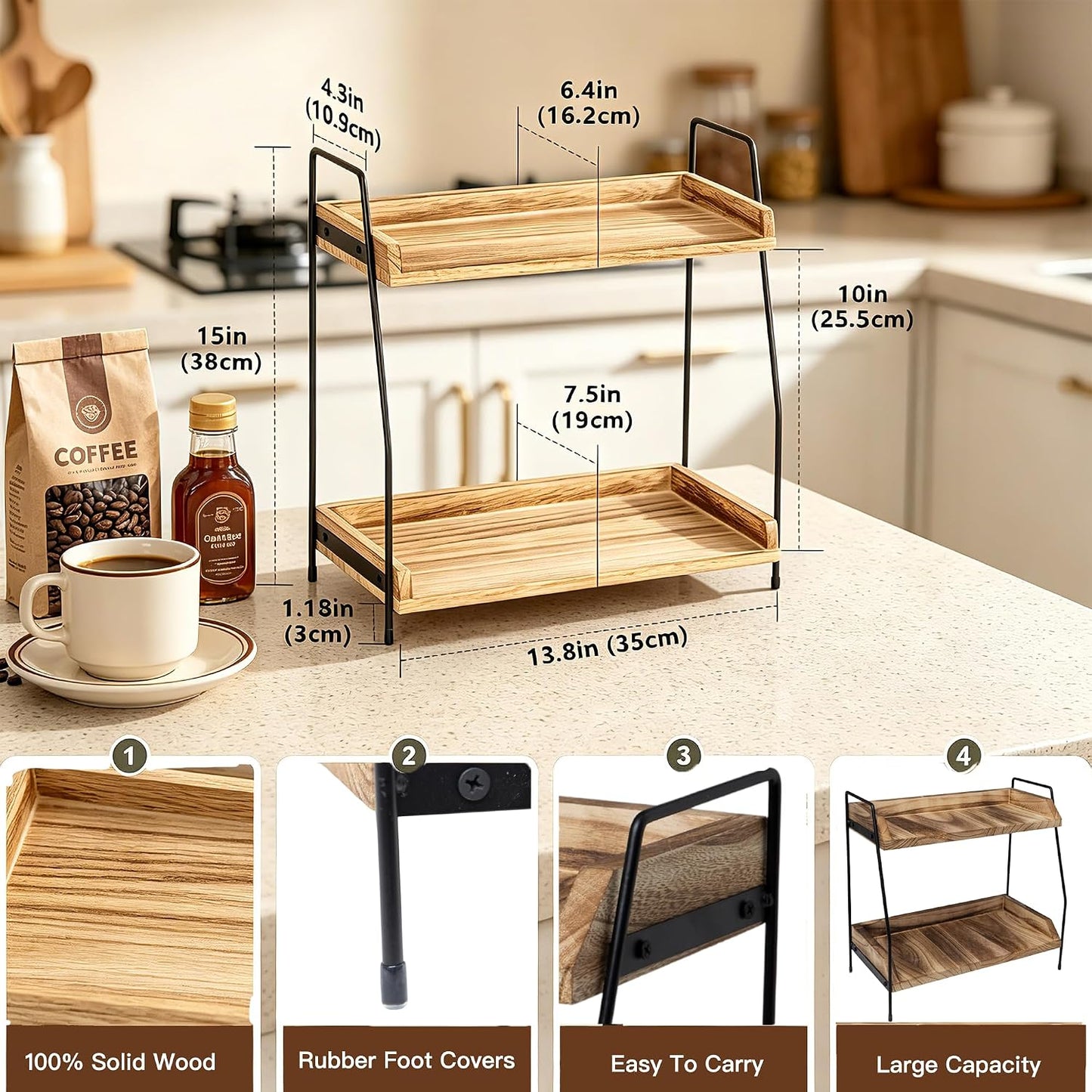 Organiz. barra café madera 2 niveles estante cocina