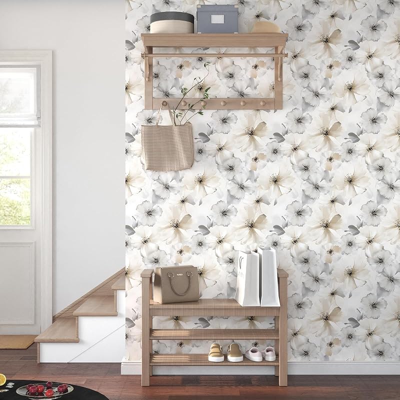 Papel tapiz floral blanco autoadhesivo extraíble 17.5x393"